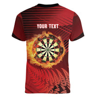 Personalised Darts New Zealand Women V-Neck T-Shirt Silver Fern Red Color LT22 - Polynesian Pride