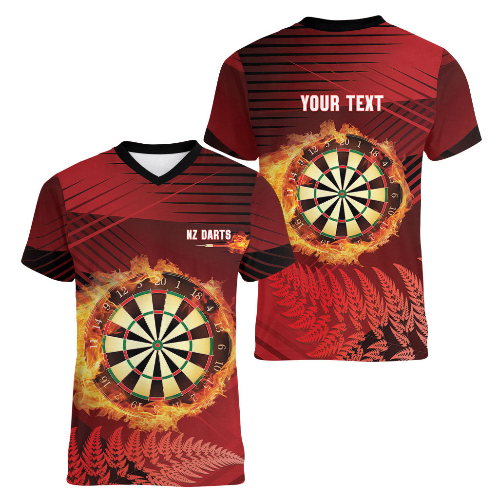 Personalised Darts New Zealand Women V-Neck T-Shirt Silver Fern Red Color LT22 - Polynesian Pride