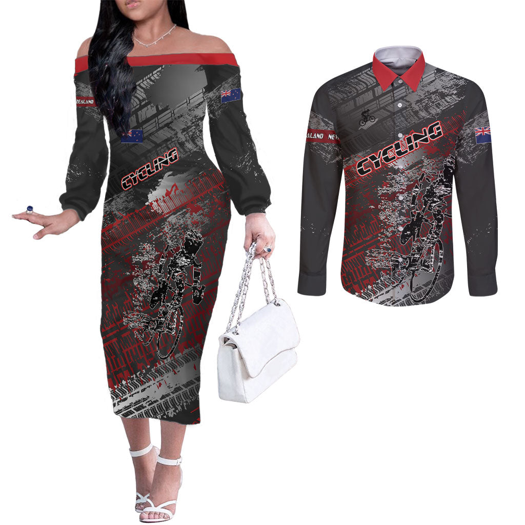 Personalised Cycling New Zealand Couples Matching Off The Shoulder Long Sleeve Dress and Long Sleeve Button Shirt Aotearoa Pride Sportswear LT22 Red - Polynesian Pride