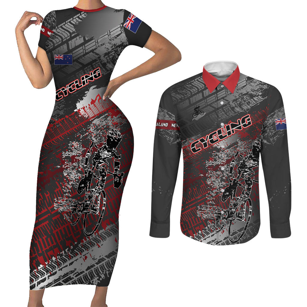 Personalised Cycling New Zealand Couples Matching Short Sleeve Bodycon Dress and Long Sleeve Button Shirt Aotearoa Pride Sportswear LT22 Red - Polynesian Pride