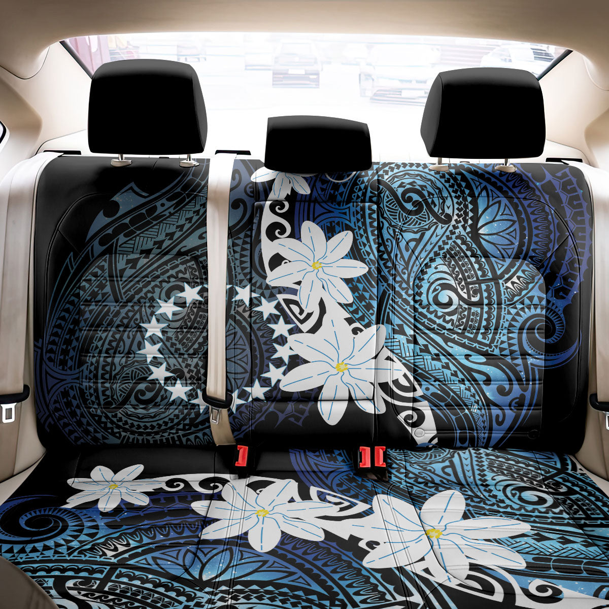 Cook Islands Maori Language Week Back Car Seat Cover Tiare Maori Kuki Airani Blue Pattern LT22 - Polynesian Pride