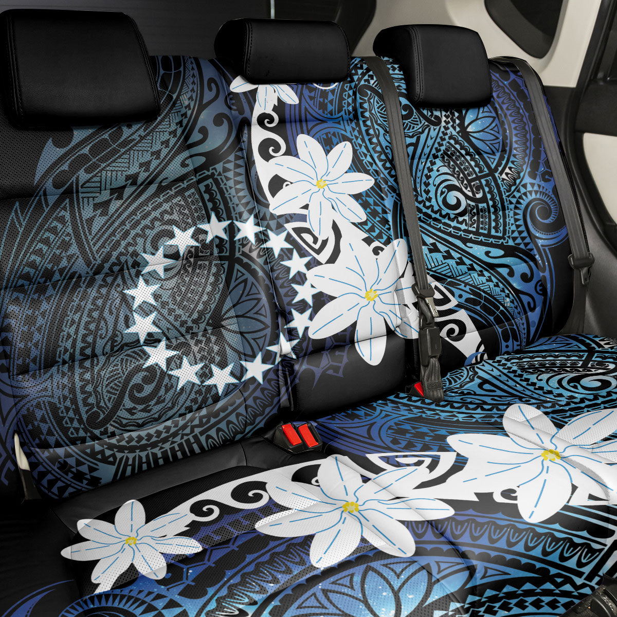 Cook Islands Maori Language Week Back Car Seat Cover Tiare Maori Kuki Airani Blue Pattern LT22 - Polynesian Pride