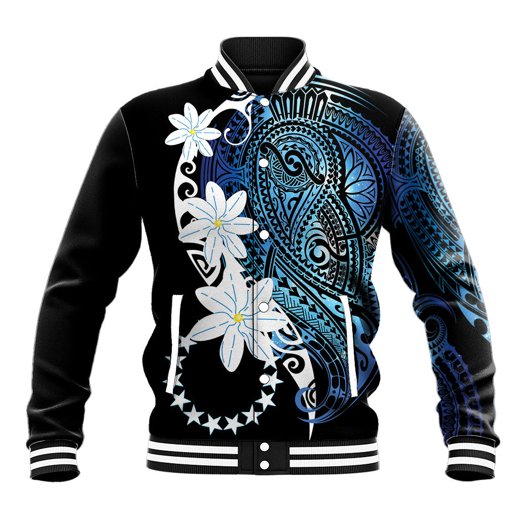 Cook Islands Maori Language Week Baseball Jacket Tiare Maori Kuki Airani Blue Pattern LT22 Unisex Blue - Polynesian Pride