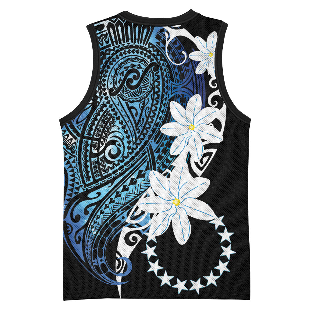 Cook Islands Maori Language Week Basketball Jersey Tiare Maori Kuki Airani Blue Pattern LT22 - Polynesian Pride