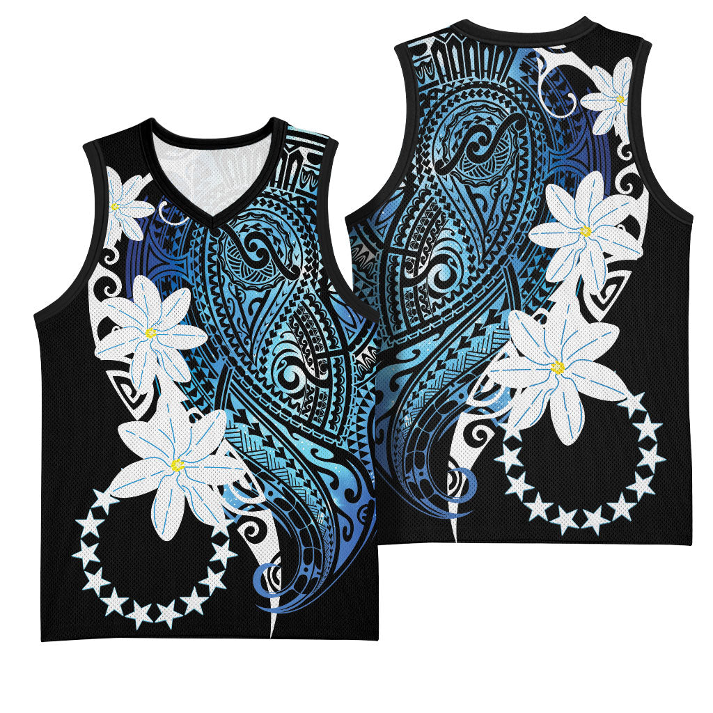 Cook Islands Maori Language Week Basketball Jersey Tiare Maori Kuki Airani Blue Pattern LT22 - Polynesian Pride