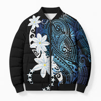 Cook Islands Maori Language Week Bomber Puffer Jacket Tiare Maori Kuki Airani Blue Pattern LT22 Unisex Blue - Polynesian Pride