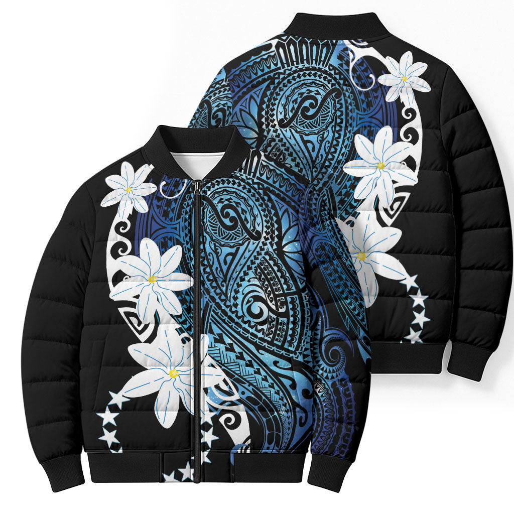 Cook Islands Maori Language Week Bomber Puffer Jacket Tiare Maori Kuki Airani Blue Pattern LT22 - Polynesian Pride