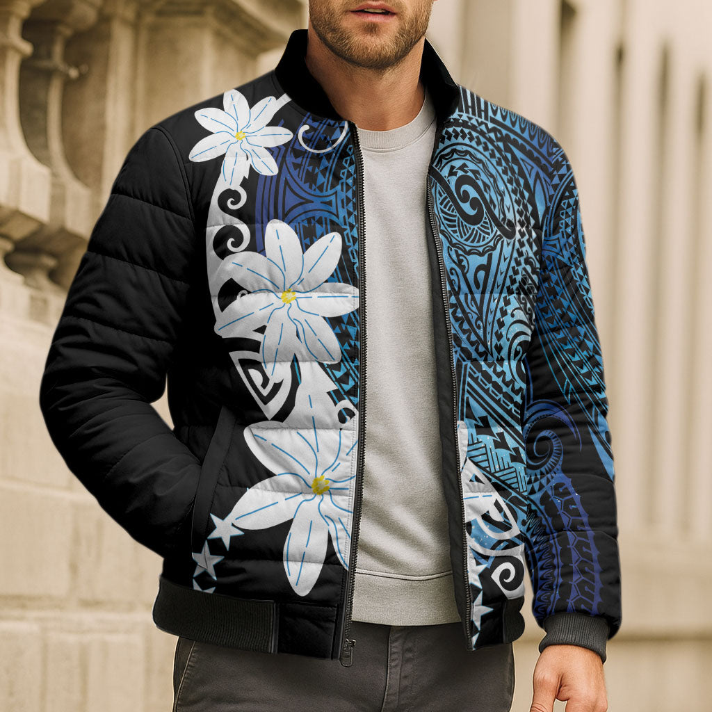 Cook Islands Maori Language Week Bomber Puffer Jacket Tiare Maori Kuki Airani Blue Pattern LT22 - Polynesian Pride