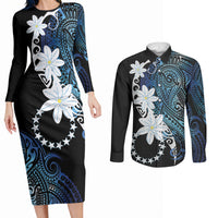 Cook Islands Maori Language Week Couples Matching Long Sleeve Bodycon Dress and Long Sleeve Button Shirt Tiare Maori Kuki Airani Blue Pattern LT22 Blue - Polynesian Pride