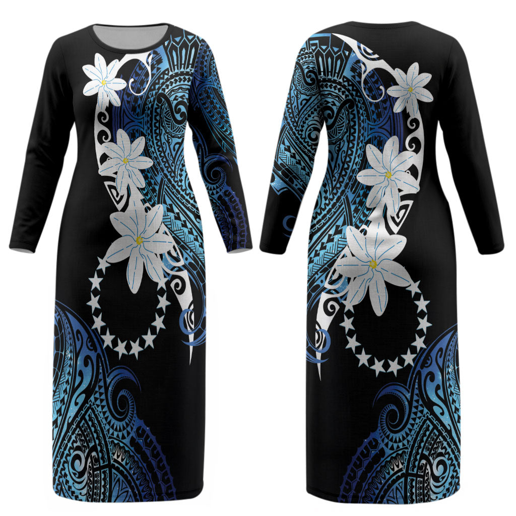 Cook Islands Maori Language Week Couples Matching Long Sleeve Bodycon Dress and Long Sleeve Button Shirt Tiare Maori Kuki Airani Blue Pattern LT22 - Polynesian Pride