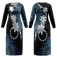 Cook Islands Maori Language Week Couples Matching Long Sleeve Bodycon Dress and Long Sleeve Button Shirt Tiare Maori Kuki Airani Blue Pattern LT22 - Polynesian Pride