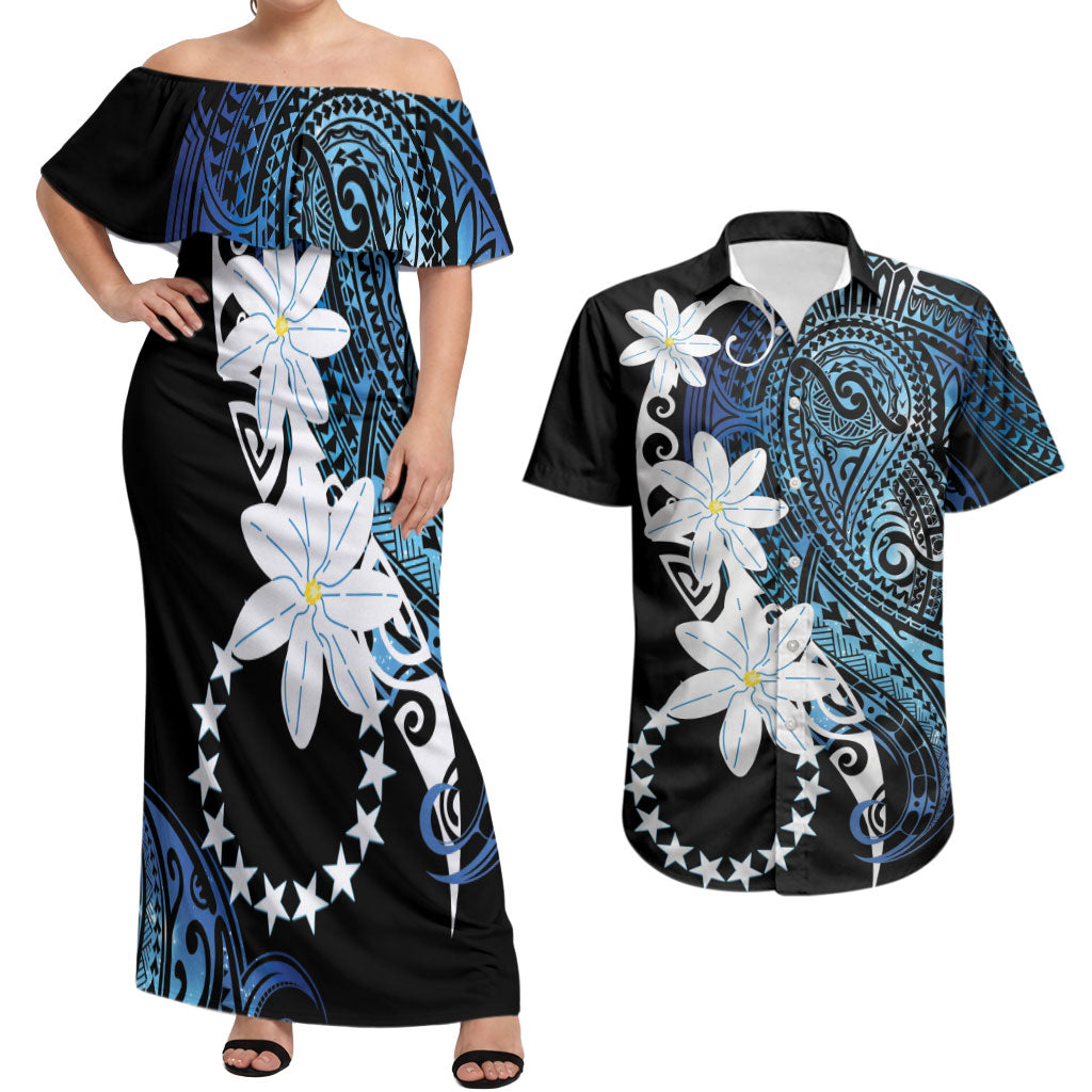 Cook Islands Maori Language Week Couples Matching Off Shoulder Maxi Dress and Hawaiian Shirt Tiare Maori Kuki Airani Blue Pattern LT22 Blue - Polynesian Pride