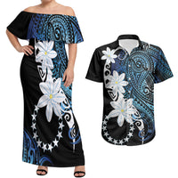 Cook Islands Maori Language Week Couples Matching Off Shoulder Maxi Dress and Hawaiian Shirt Tiare Maori Kuki Airani Blue Pattern LT22 Blue - Polynesian Pride