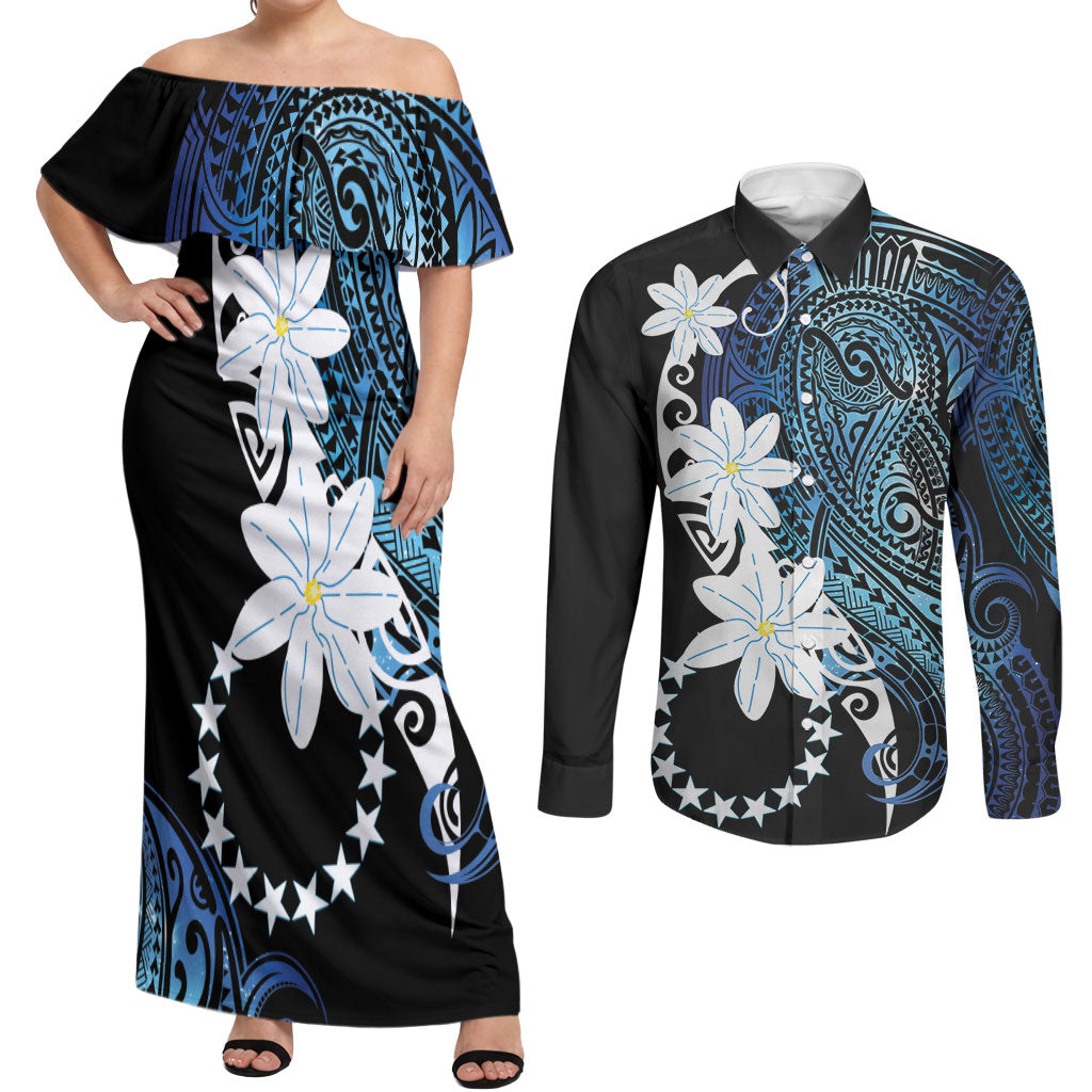 Cook Islands Maori Language Week Couples Matching Off Shoulder Maxi Dress and Long Sleeve Button Shirt Tiare Maori Kuki Airani Blue Pattern LT22 Blue - Polynesian Pride
