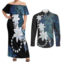 Cook Islands Maori Language Week Couples Matching Off Shoulder Maxi Dress and Long Sleeve Button Shirt Tiare Maori Kuki Airani Blue Pattern LT22 Blue - Polynesian Pride
