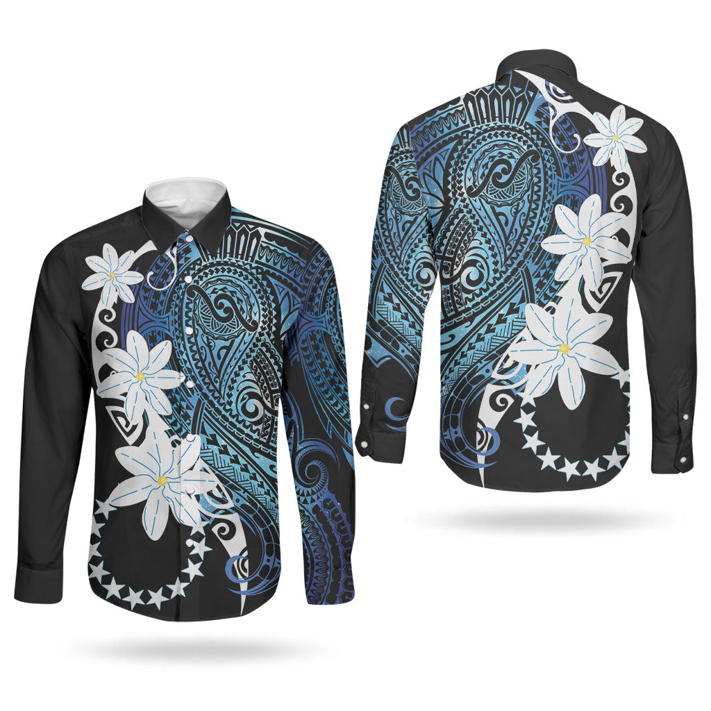 Cook Islands Maori Language Week Couples Matching Off Shoulder Maxi Dress and Long Sleeve Button Shirt Tiare Maori Kuki Airani Blue Pattern LT22 - Polynesian Pride