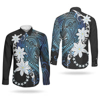 Cook Islands Maori Language Week Couples Matching Off Shoulder Maxi Dress and Long Sleeve Button Shirt Tiare Maori Kuki Airani Blue Pattern LT22 - Polynesian Pride