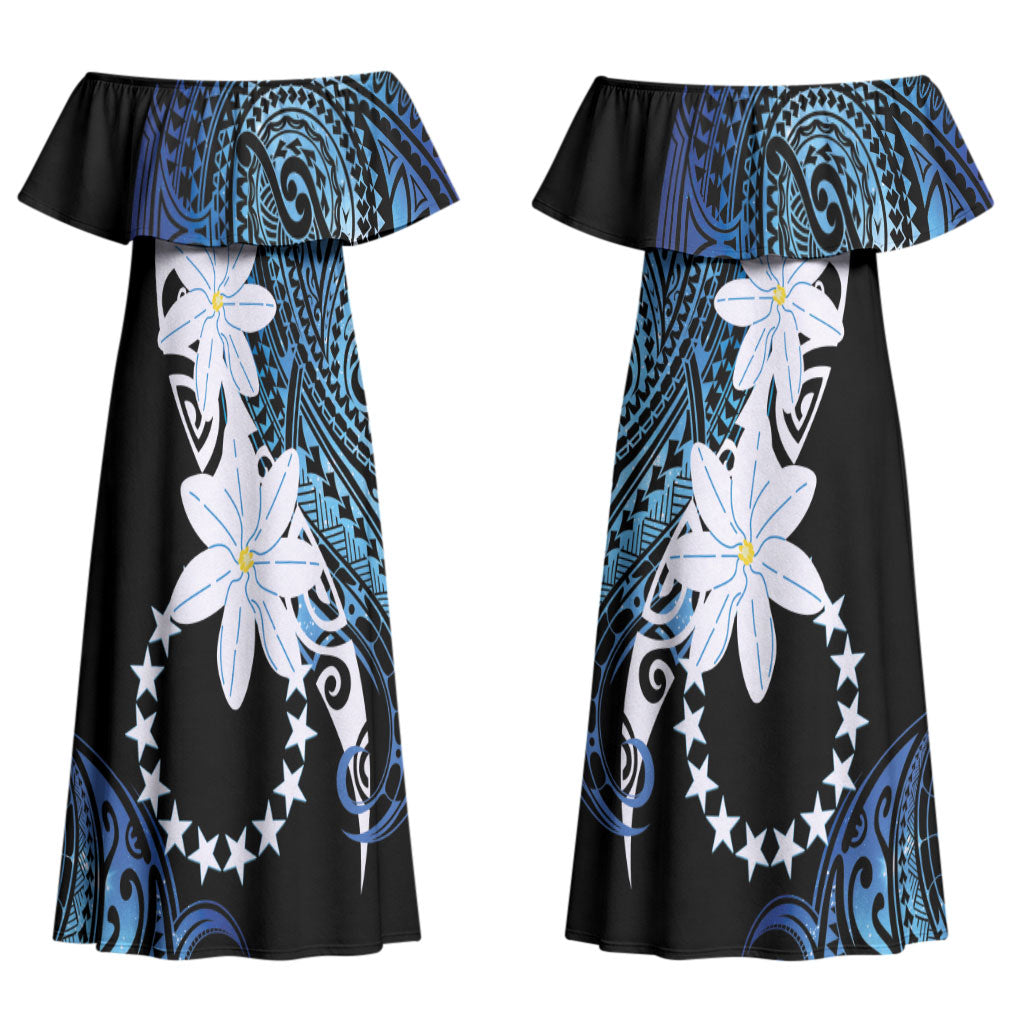 Cook Islands Maori Language Week Couples Matching Off Shoulder Maxi Dress and Long Sleeve Button Shirt Tiare Maori Kuki Airani Blue Pattern LT22 - Polynesian Pride