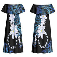 Cook Islands Maori Language Week Couples Matching Off Shoulder Maxi Dress and Long Sleeve Button Shirt Tiare Maori Kuki Airani Blue Pattern LT22 - Polynesian Pride
