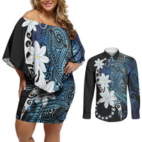 Cook Islands Maori Language Week Couples Matching Off Shoulder Short Dress and Long Sleeve Button Shirt Tiare Maori Kuki Airani Blue Pattern LT22 Blue - Polynesian Pride