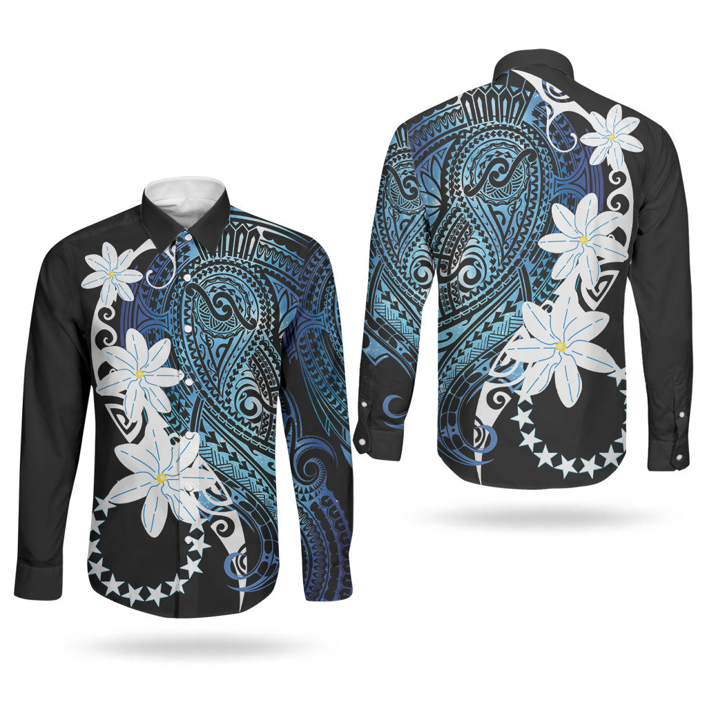 Cook Islands Maori Language Week Couples Matching Off Shoulder Short Dress and Long Sleeve Button Shirt Tiare Maori Kuki Airani Blue Pattern LT22 - Polynesian Pride