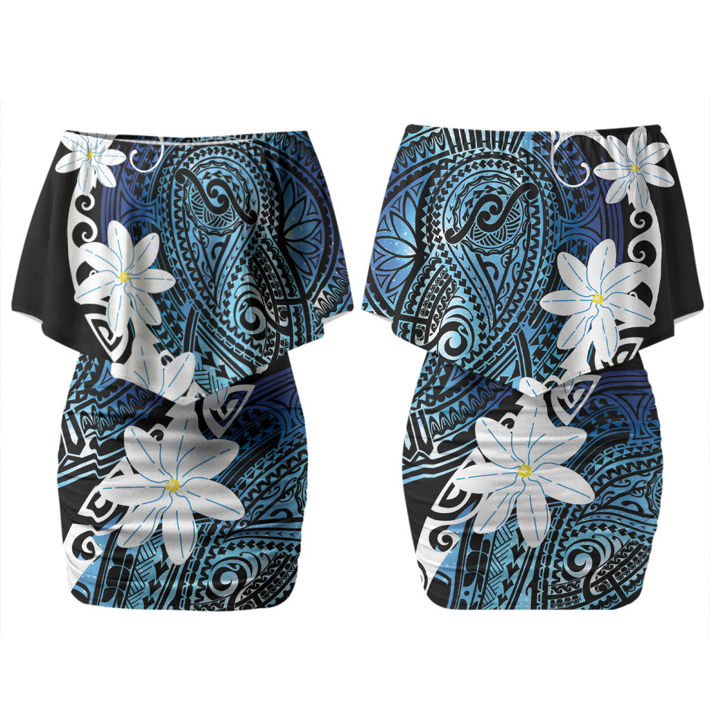Cook Islands Maori Language Week Couples Matching Off Shoulder Short Dress and Long Sleeve Button Shirt Tiare Maori Kuki Airani Blue Pattern LT22 - Polynesian Pride