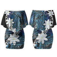 Cook Islands Maori Language Week Couples Matching Off Shoulder Short Dress and Long Sleeve Button Shirt Tiare Maori Kuki Airani Blue Pattern LT22 - Polynesian Pride