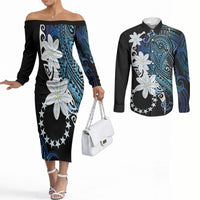 Cook Islands Maori Language Week Couples Matching Off The Shoulder Long Sleeve Dress and Long Sleeve Button Shirt Tiare Maori Kuki Airani Blue Pattern LT22 Blue - Polynesian Pride