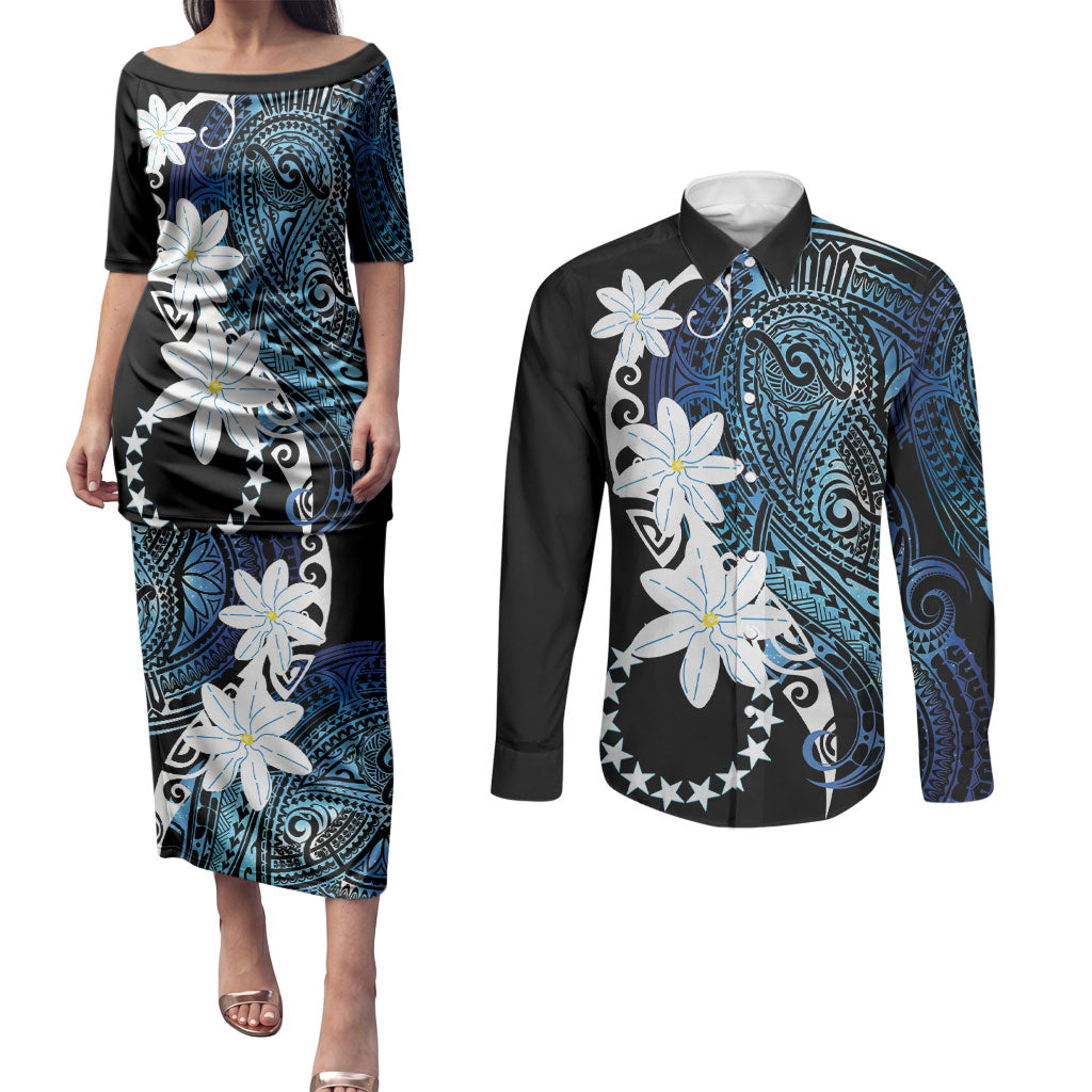 Cook Islands Maori Language Week Couples Matching Puletasi and Long Sleeve Button Shirt Tiare Maori Kuki Airani Blue Pattern LT22 Blue - Polynesian Pride