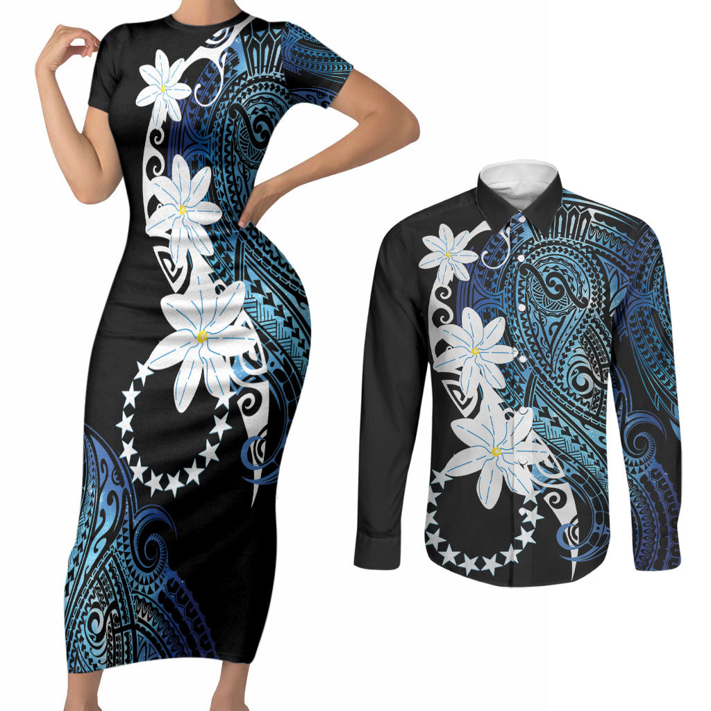 Cook Islands Maori Language Week Couples Matching Short Sleeve Bodycon Dress and Long Sleeve Button Shirt Tiare Maori Kuki Airani Blue Pattern LT22 Blue - Polynesian Pride