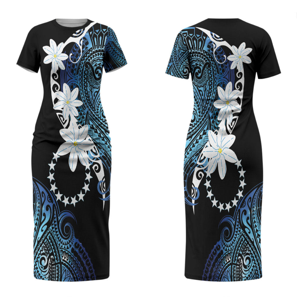 Cook Islands Maori Language Week Couples Matching Short Sleeve Bodycon Dress and Long Sleeve Button Shirt Tiare Maori Kuki Airani Blue Pattern LT22 - Polynesian Pride