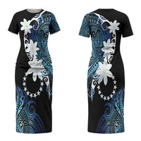 Cook Islands Maori Language Week Couples Matching Short Sleeve Bodycon Dress and Long Sleeve Button Shirt Tiare Maori Kuki Airani Blue Pattern LT22 - Polynesian Pride
