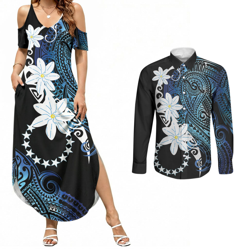 Cook Islands Maori Language Week Couples Matching Summer Maxi Dress and Long Sleeve Button Shirt Tiare Maori Kuki Airani Blue Pattern LT22 Blue - Polynesian Pride