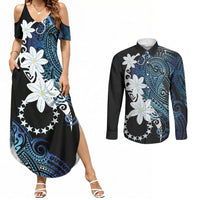 Cook Islands Maori Language Week Couples Matching Summer Maxi Dress and Long Sleeve Button Shirt Tiare Maori Kuki Airani Blue Pattern LT22 Blue - Polynesian Pride