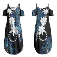 Cook Islands Maori Language Week Couples Matching Summer Maxi Dress and Long Sleeve Button Shirt Tiare Maori Kuki Airani Blue Pattern LT22 - Polynesian Pride