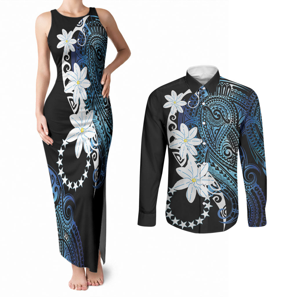 Cook Islands Maori Language Week Couples Matching Tank Maxi Dress and Long Sleeve Button Shirt Tiare Maori Kuki Airani Blue Pattern LT22 Blue - Polynesian Pride