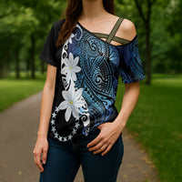 Cook Islands Maori Language Week Cross Shoulder Shirt Tiare Maori Kuki Airani Blue Pattern LT22 - Polynesian Pride