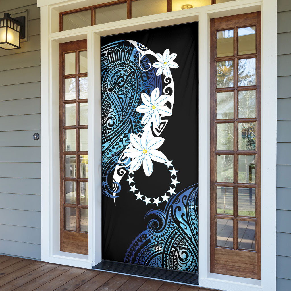 Cook Islands Maori Language Week Door Cover Tiare Maori Kuki Airani Blue Pattern LT22 - Polynesian Pride