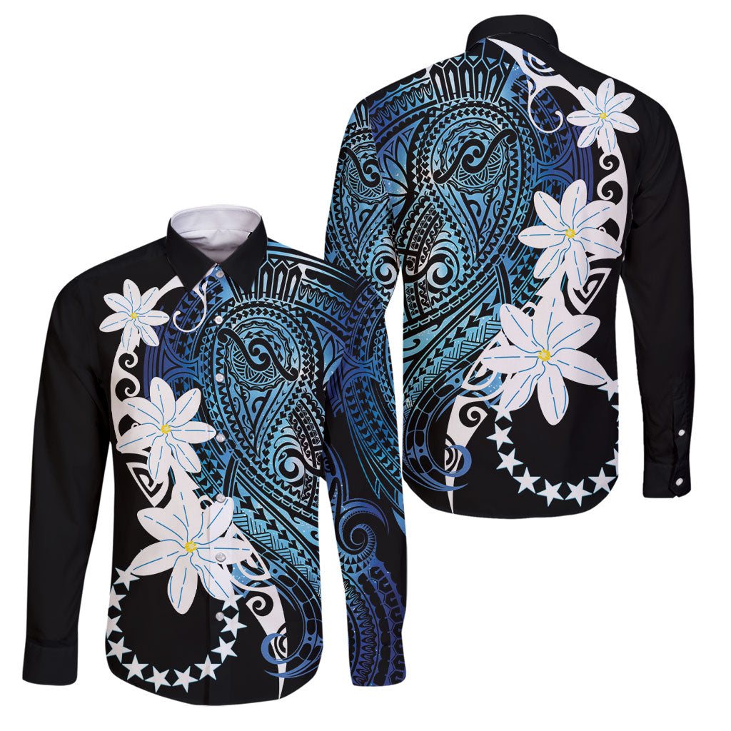 Cook Islands Maori Language Week Family Matching Off Shoulder Short Dress and Hawaiian Shirt Tiare Maori Kuki Airani Blue Pattern LT22 Dad's Shirt - Long Sleeve Blue - Polynesian Pride