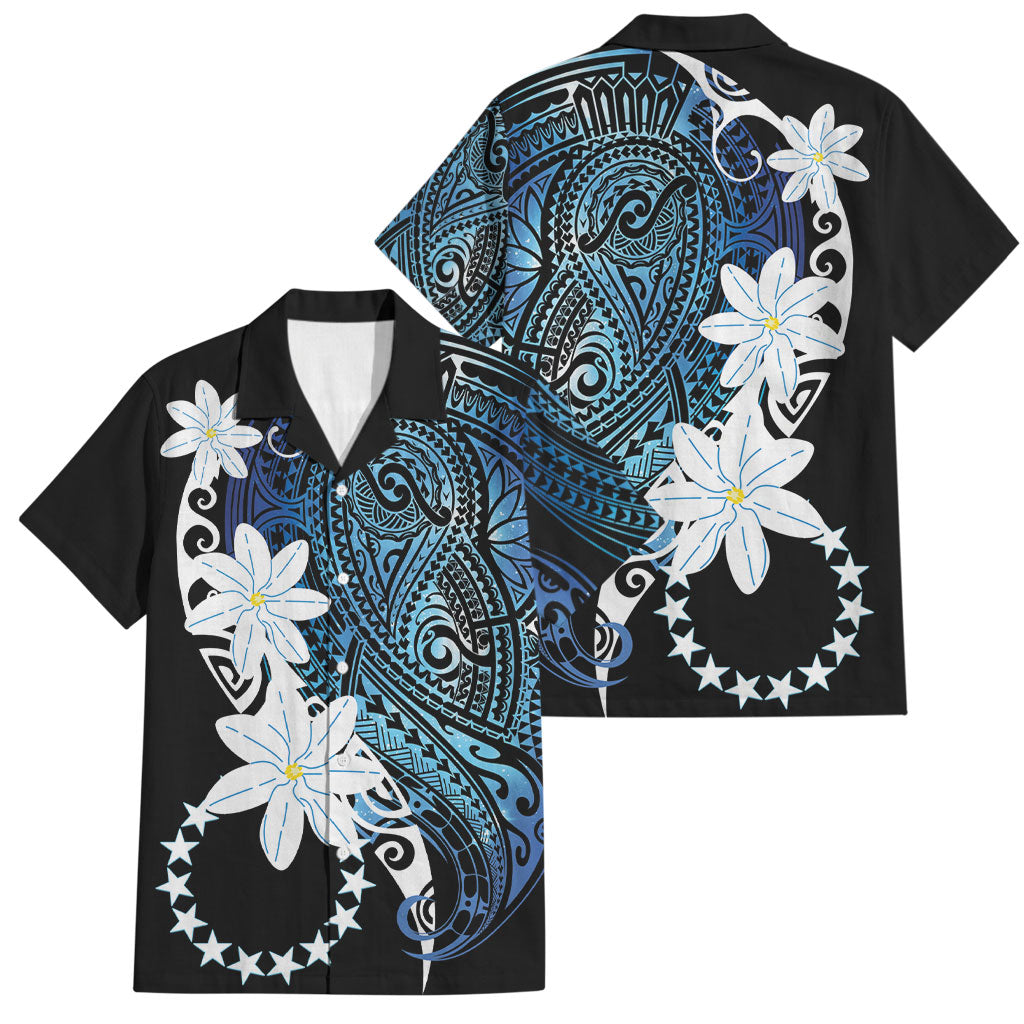 Cook Islands Maori Language Week Family Matching Tank Maxi Dress and Hawaiian Shirt Tiare Maori Kuki Airani Blue Pattern LT22 Dad's Shirt - Short Sleeve Blue - Polynesian Pride
