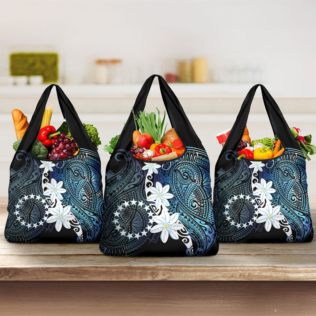 Cook Islands Maori Language Week Grocery Bag Tiare Maori Kuki Airani Blue Pattern LT22 3-pack One Size Blue - Polynesian Pride
