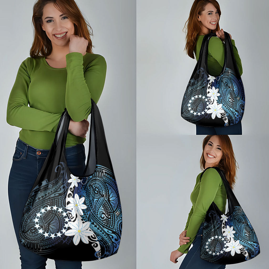 Cook Islands Maori Language Week Grocery Bag Tiare Maori Kuki Airani Blue Pattern LT22 - Polynesian Pride