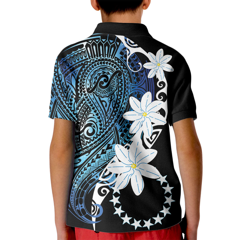 Cook Islands Maori Language Week Kid Polo Shirt Tiare Maori Kuki Airani Blue Pattern LT22 - Polynesian Pride
