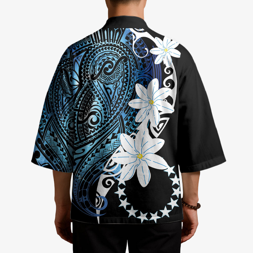 Cook Islands Maori Language Week Kimono Tiare Maori Kuki Airani Blue Pattern LT22 - Polynesian Pride