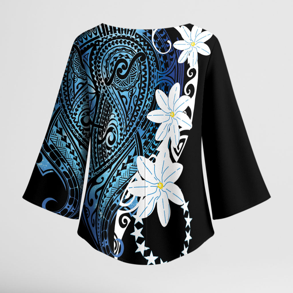 Cook Islands Maori Language Week Kimono Sleeve Blouse Tiare Maori Kuki Airani Blue Pattern LT22 - Polynesian Pride