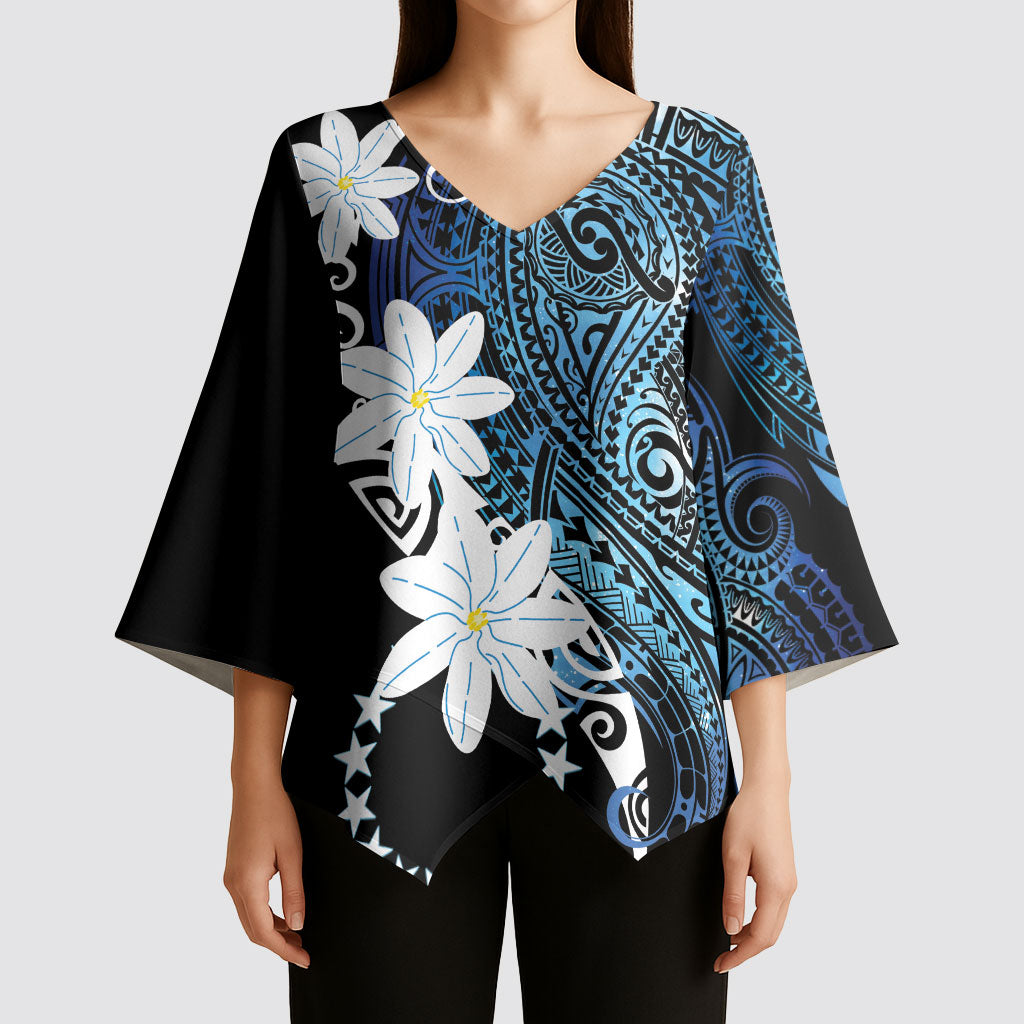Cook Islands Maori Language Week Kimono Sleeve Blouse Tiare Maori Kuki Airani Blue Pattern LT22 - Polynesian Pride
