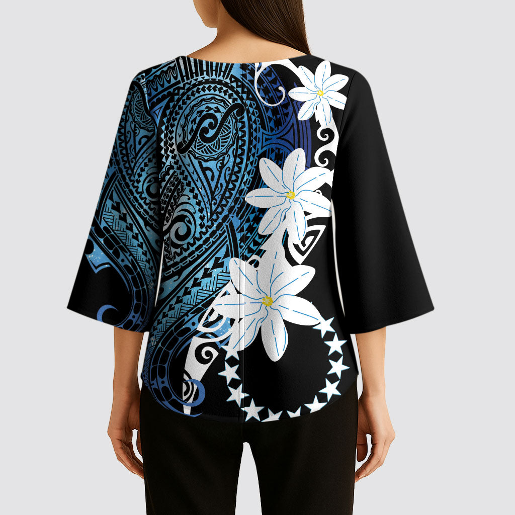 Cook Islands Maori Language Week Kimono Sleeve Blouse Tiare Maori Kuki Airani Blue Pattern LT22 - Polynesian Pride
