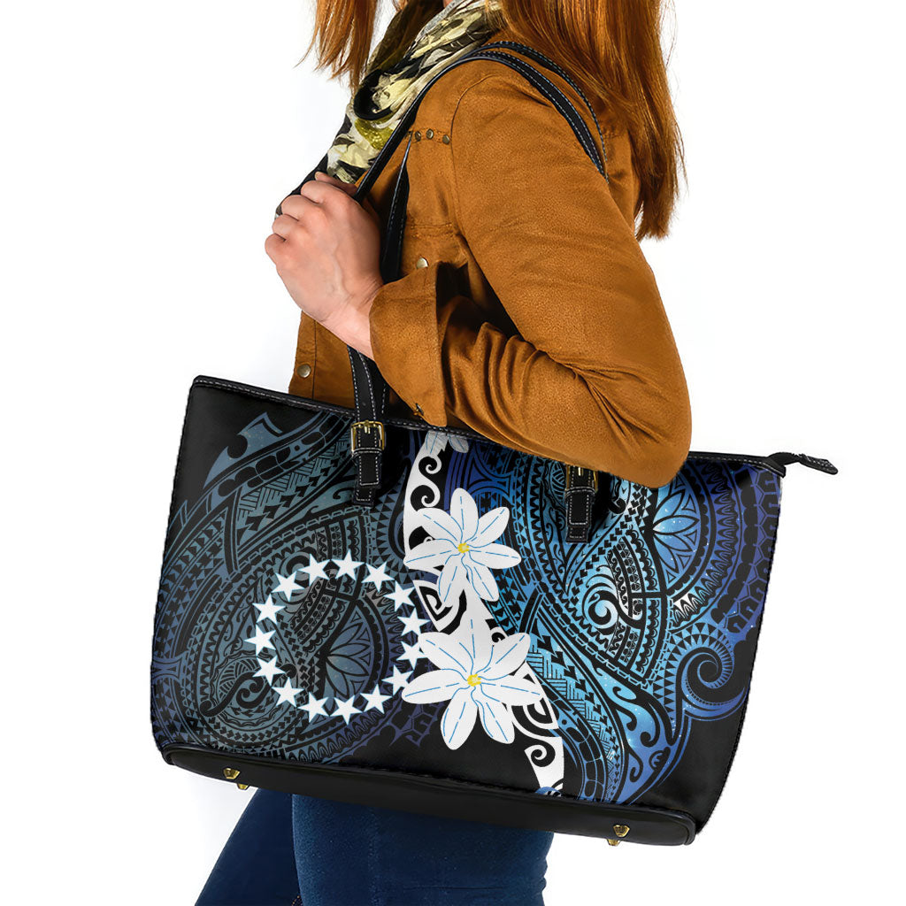 Cook Islands Maori Language Week Leather Tote Bag Tiare Maori Kuki Airani Blue Pattern LT22 Blue - Polynesian Pride