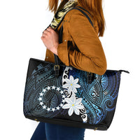 Cook Islands Maori Language Week Leather Tote Bag Tiare Maori Kuki Airani Blue Pattern LT22 Blue - Polynesian Pride