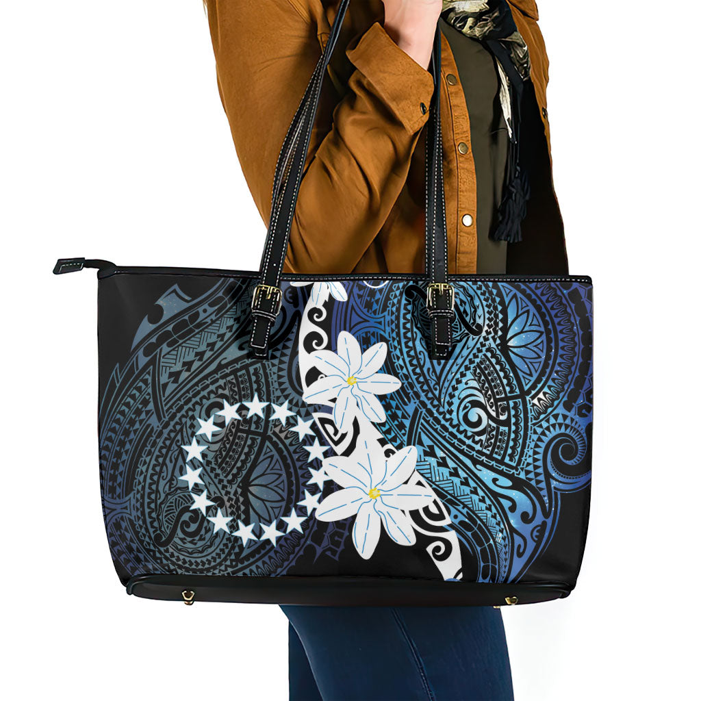 Cook Islands Maori Language Week Leather Tote Bag Tiare Maori Kuki Airani Blue Pattern LT22 - Polynesian Pride